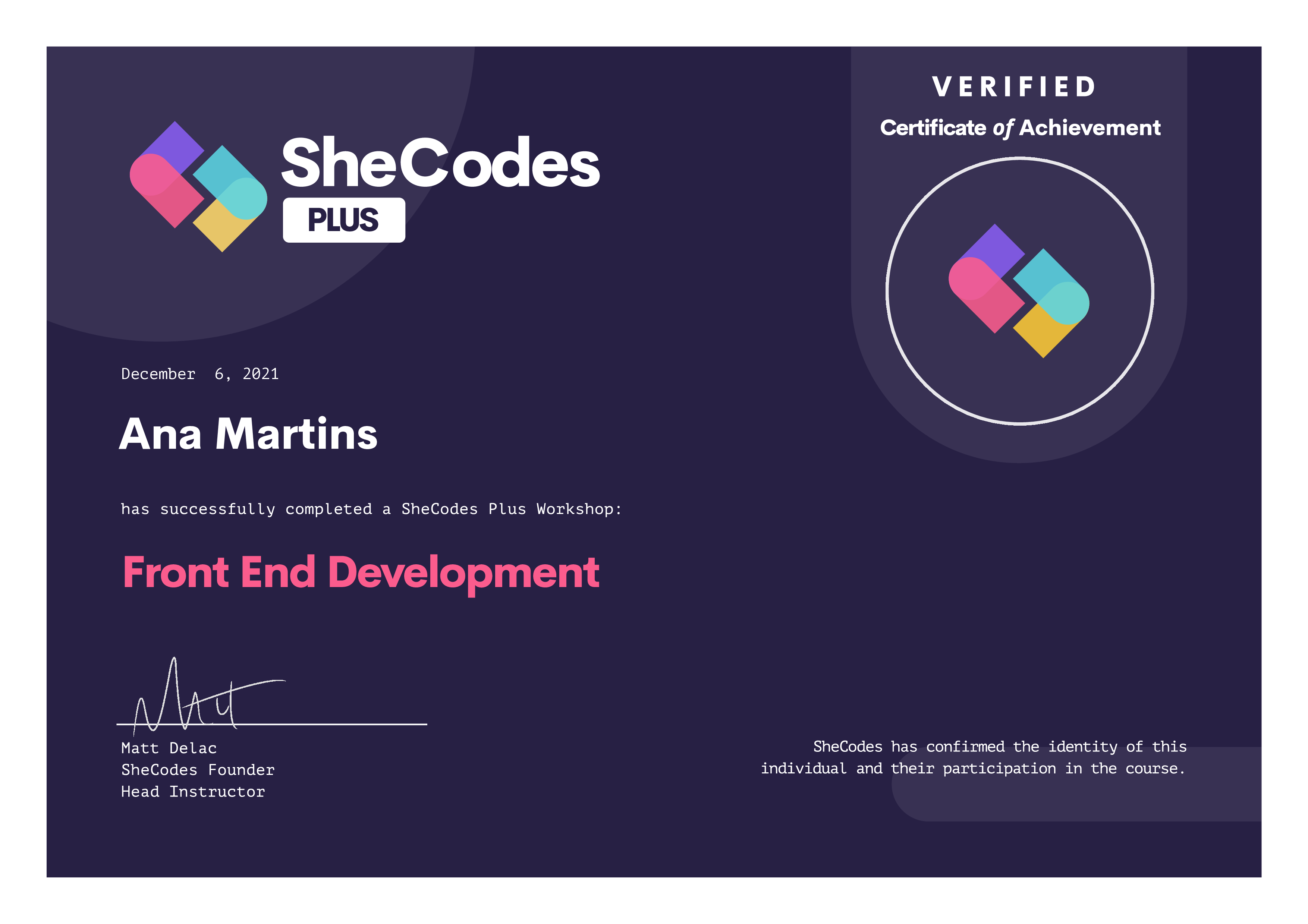 SheCodes Front End Developer Certificate